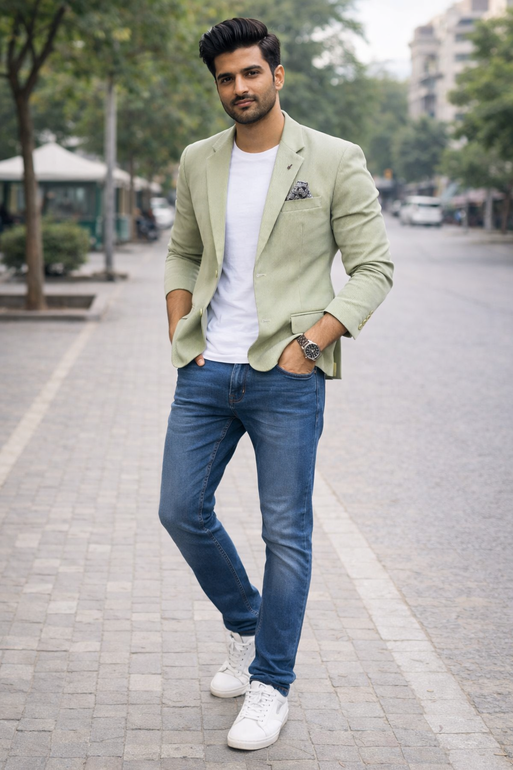 Men’s Mint Green Corduroy Solid Pattern Blazer