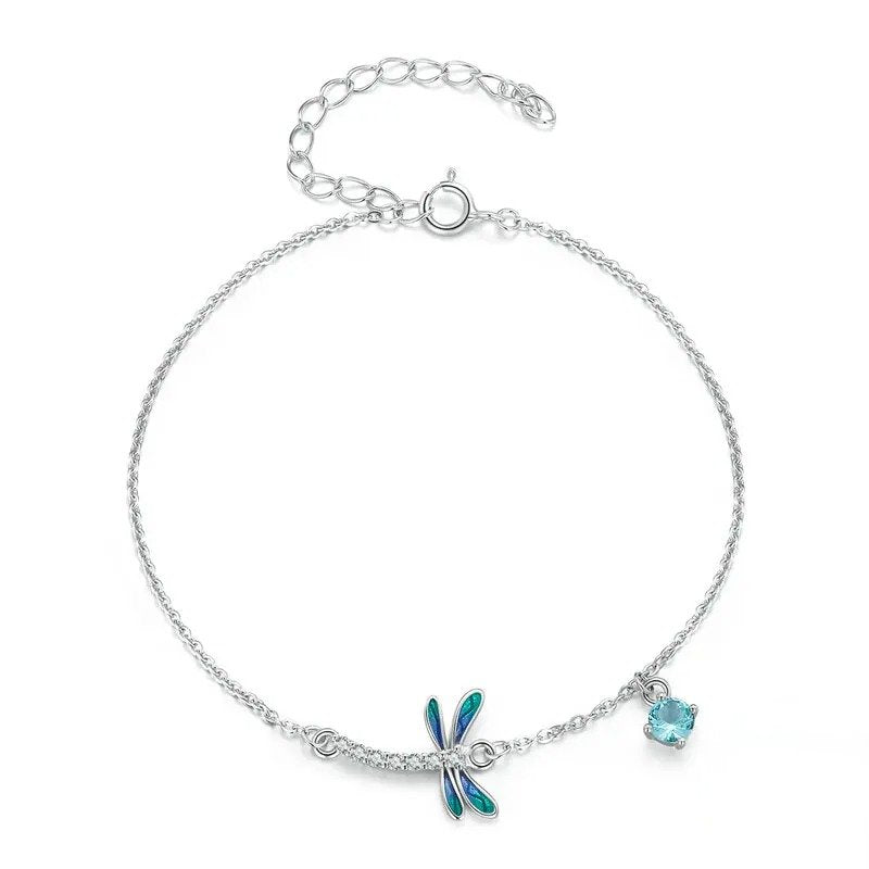 Silver Green and Blue Enamel Dragonfly Bracelet Insect Chain Link for Women